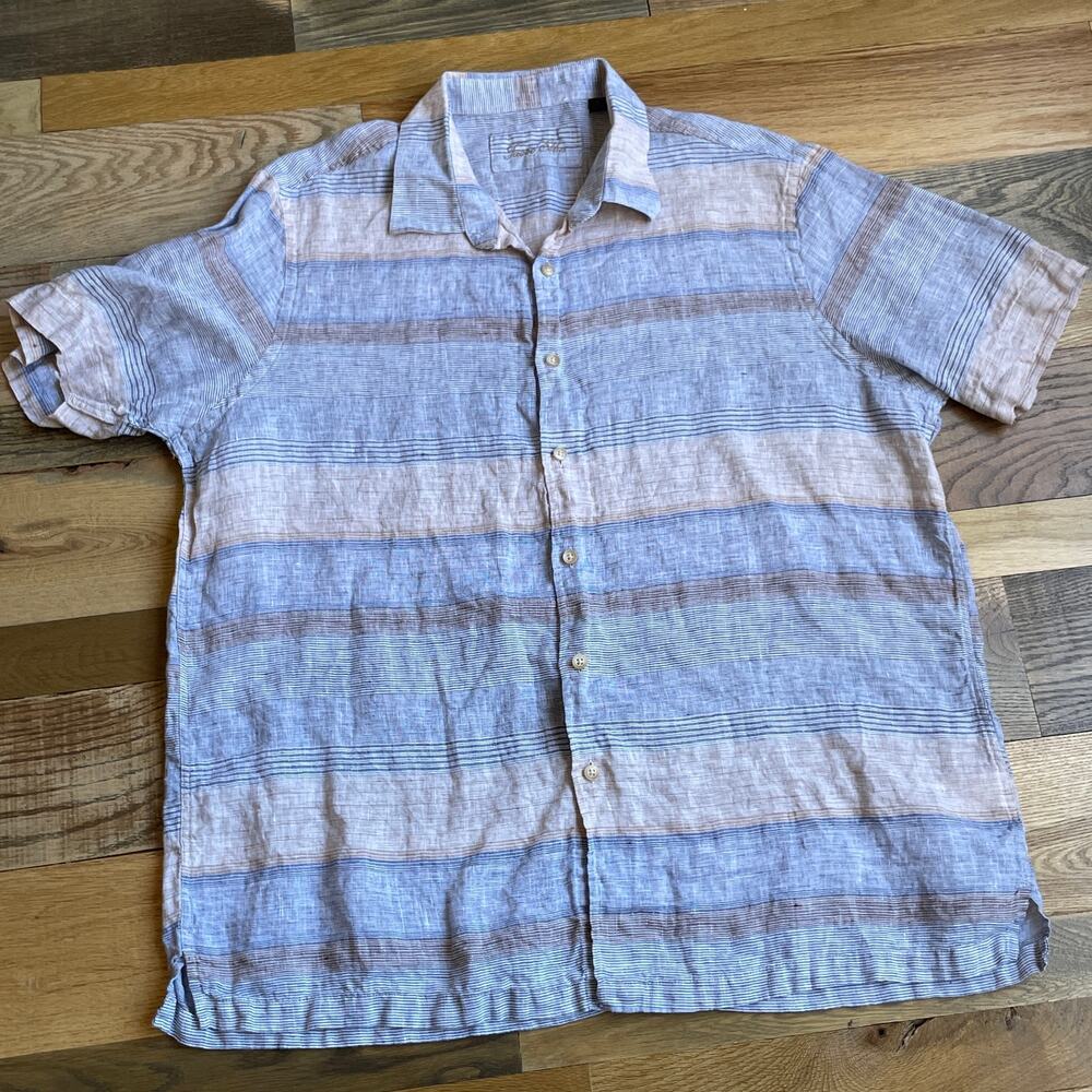 Tasso Elba 100% Linen Stripe Button Up Shirt Men's XL Blue Pink Coastal